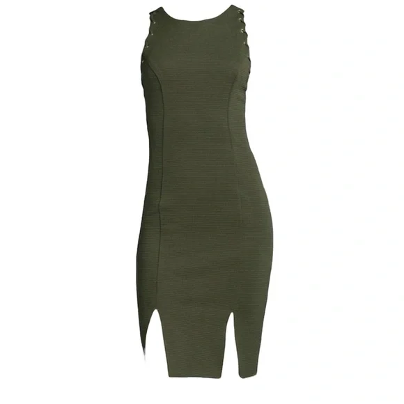 Bisou Bisou Green Ribbed Sleeveless Sheath Dress Lace Up Grommet Detail Sz 12 - Picture 5 of 12